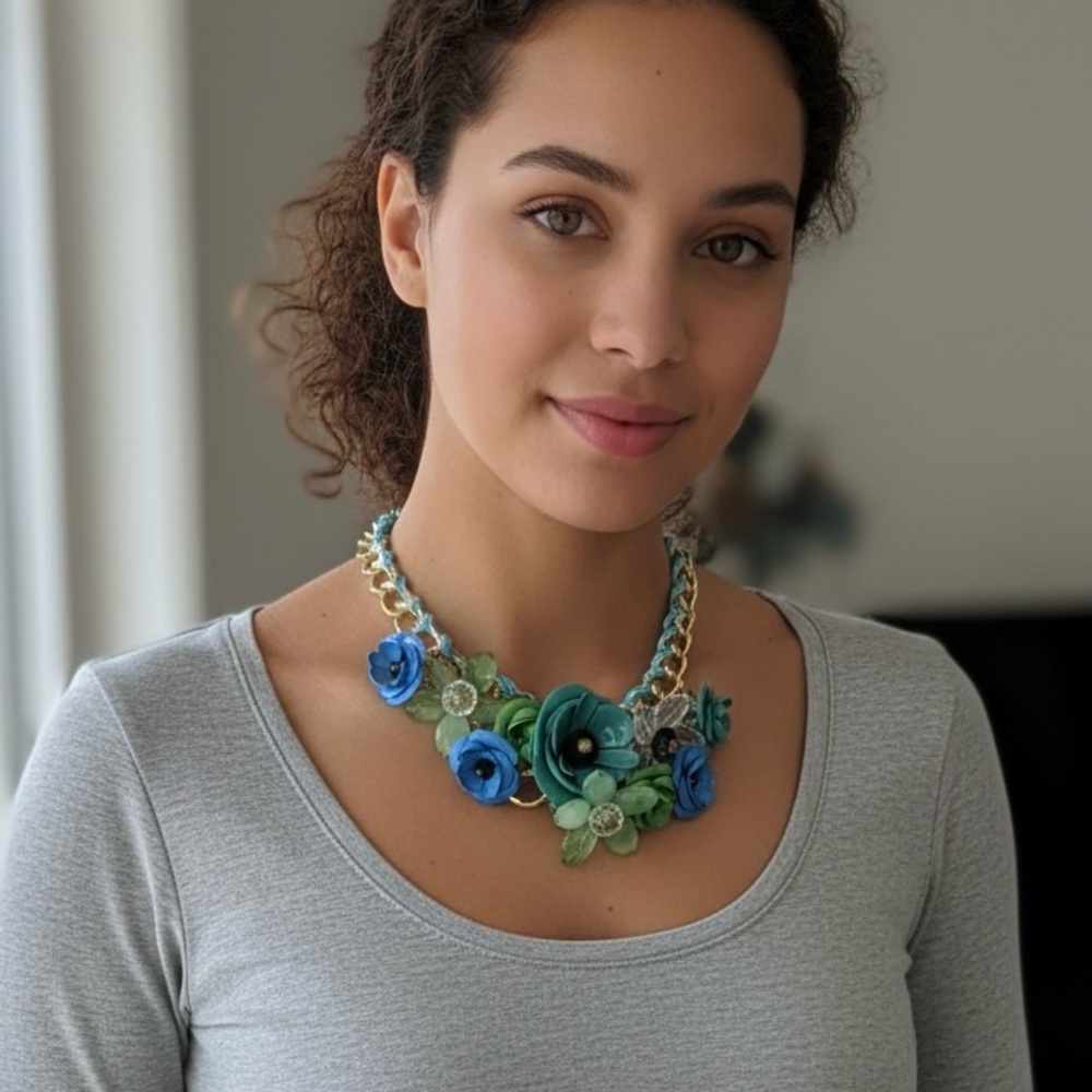 Mixed Media Statement Necklace in Blues and Greens NWOT